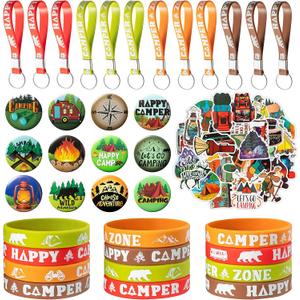 ANGOLIO 84Pcs Spring Camping Party Favors Kit Happy Camper Party Gifts Silicone Bracelets Stickers Keychains Badges for Kids Friends Summer School Camping Adventure Birthday Supplies