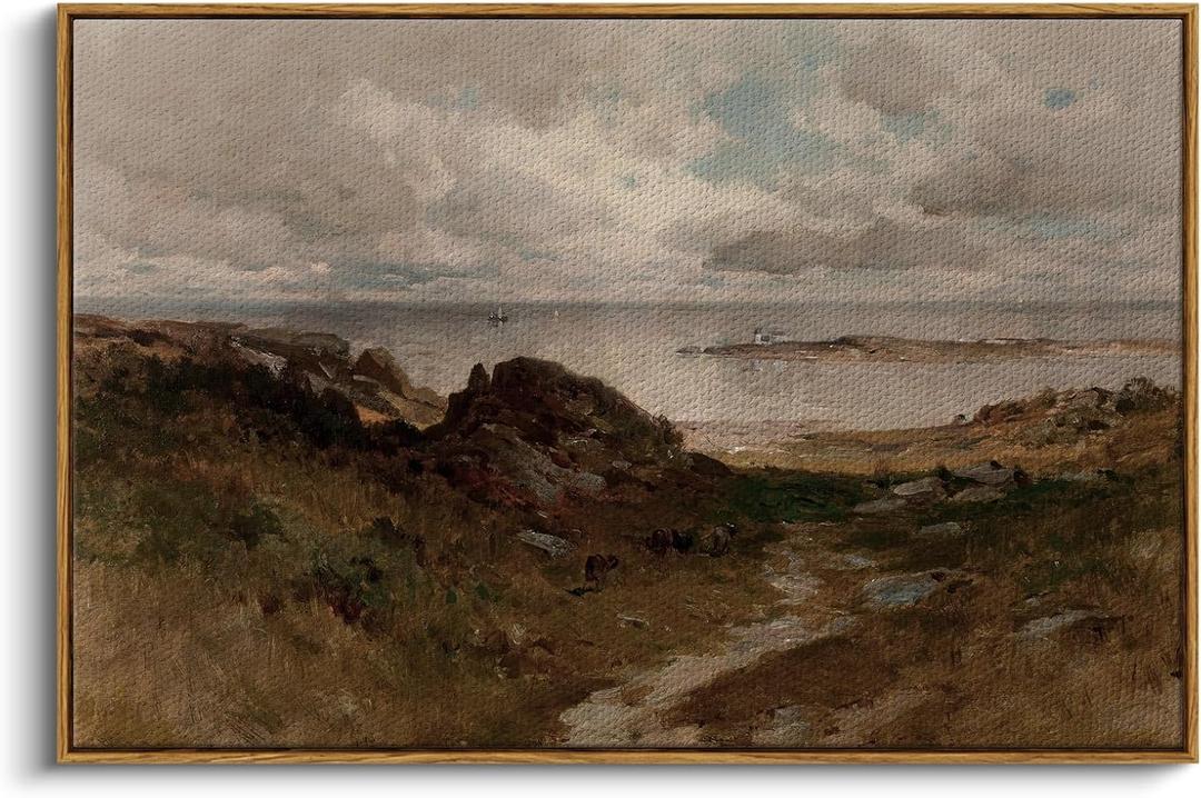 InSimSea Framed Canvas Wall Art Vintage Decor, Seaside Path Wilderness Landscape Paintings Artwork, Large Prints, Retro Wall Decorations for Living Room Bedroom Bathroom, 24"x36"