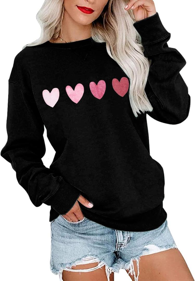 KNEYATTA Valentine Day Sweatshirts for Women Valentine Heart Sweatshirt Valentines Shirt Vintage Pullover Tops (Large, Black)