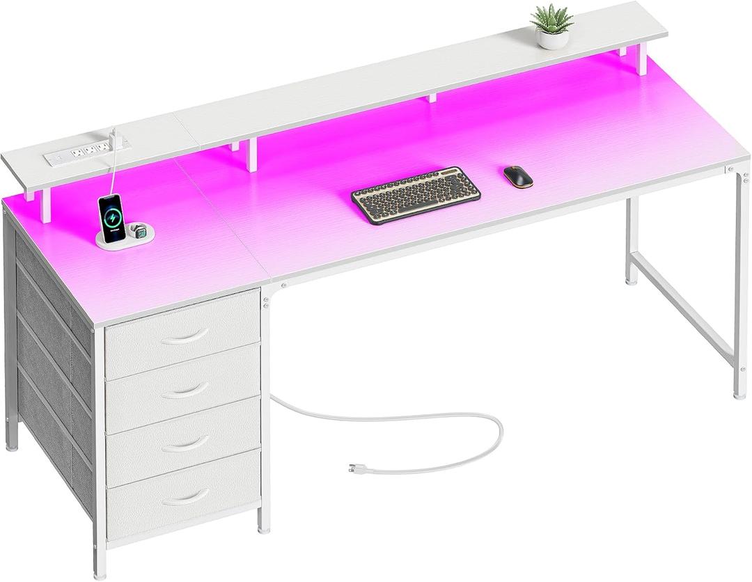 Huuger 63 Inch Computer Desk with Power Outlets and LED Lights, Gaming Desk with 4 Drawers, Office Desk with Monitor Stand, Study Work Desk for Home Office, White