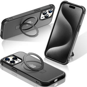 STERKER Magnetic Stand Ring Compatible with iPhone 15 Pro Max Case [Military Grade Drop Protection][Compatible with Mag-Safe] Kickstand Slim Matte Case for iPhone 15 Pro Max Phone 6.9", Black
