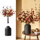 BLOSMON Flower Centerpiece Table Decorations: Metal Vase with 12 Stems of Fake Mums Kiku Flowers Eucalyptuses for Home Dining Room - Burnt Orange Artificial Pom Poms Floral Arrangement in Vase