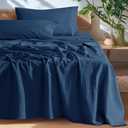 SONORO KATE 100% French Pure Linen Sheets, Breathable and Durable Line Queen Size Sheets, Anti-Tear Line Bed Sheets, Machine Washable, 16 Inch Deep Pocket - 3 Piece (Navy Blue, Queen)