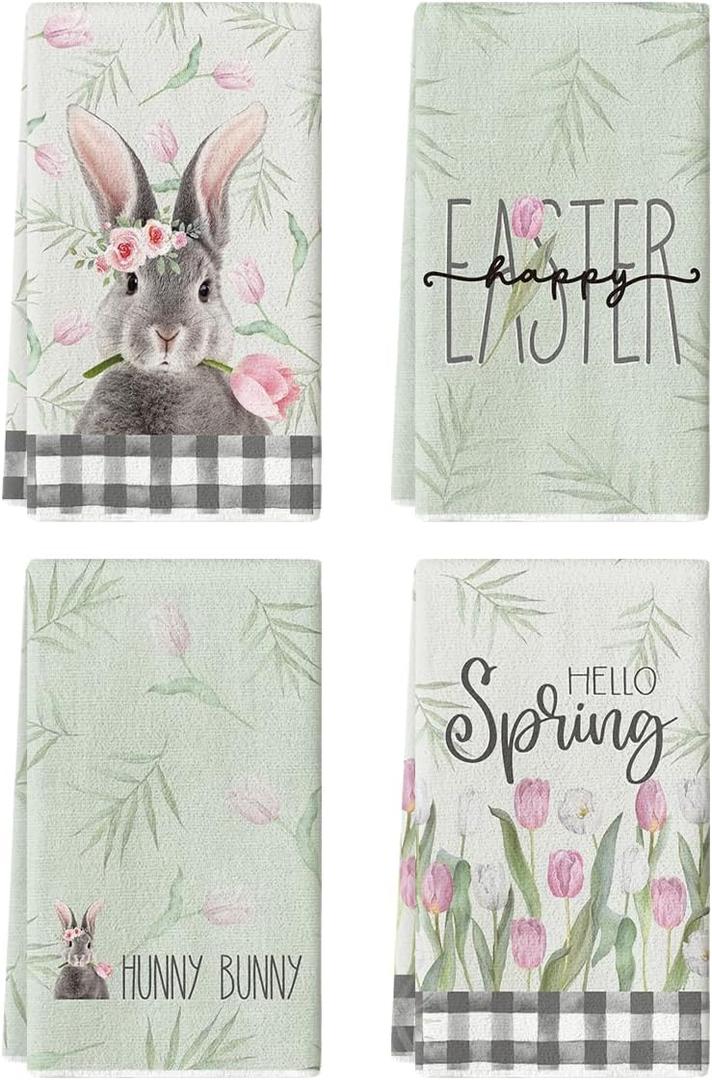 Artoid Mode Buffalo Plaid Rabbit Bunny Flower Easter Kitchen Towels Dish Towels, 18x26 Inch Spring Farmhouse Holiday Decoration Hand Towels Set of 4