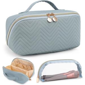 Makeup Bag Cosmetic Bag, Large Capacity Travel Makeup Bag for Women with Portable Pouch Open Flat Water-resistant Toiletry Organizer Bag with Handle(Blue with Brush Holder)