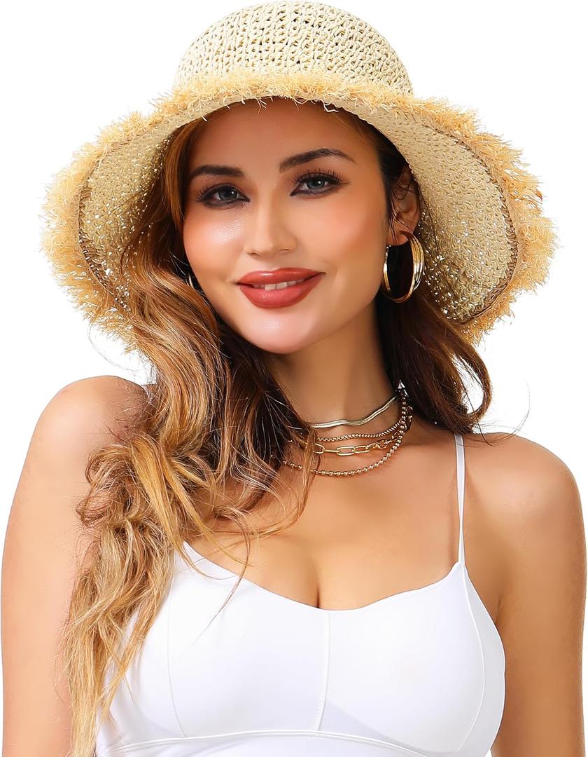 LA CARRIE Womens Sun Hat Floppy Packable Wide Brim UV Protection UPF 50+ Straw Hat with Fringe for Summer Beach