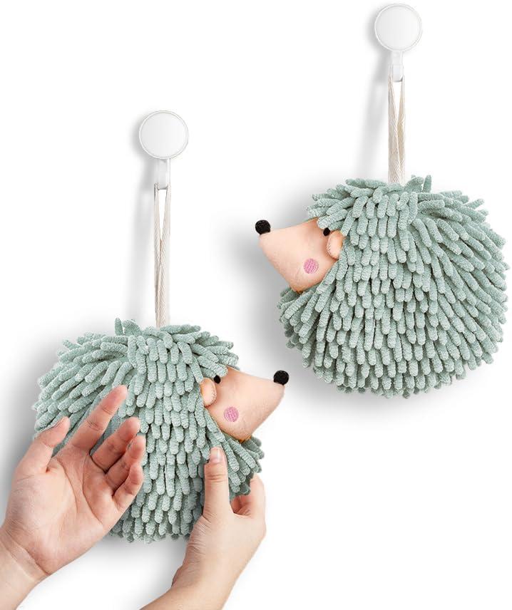 Sophie & Panda Fuzzy Ball Hand Towels (Set of 2) - Dry Your Hands conveniently with This Creative Hand Towel Hedgehog Decorative Towels for Bathroom (Pack of 2, Mint)