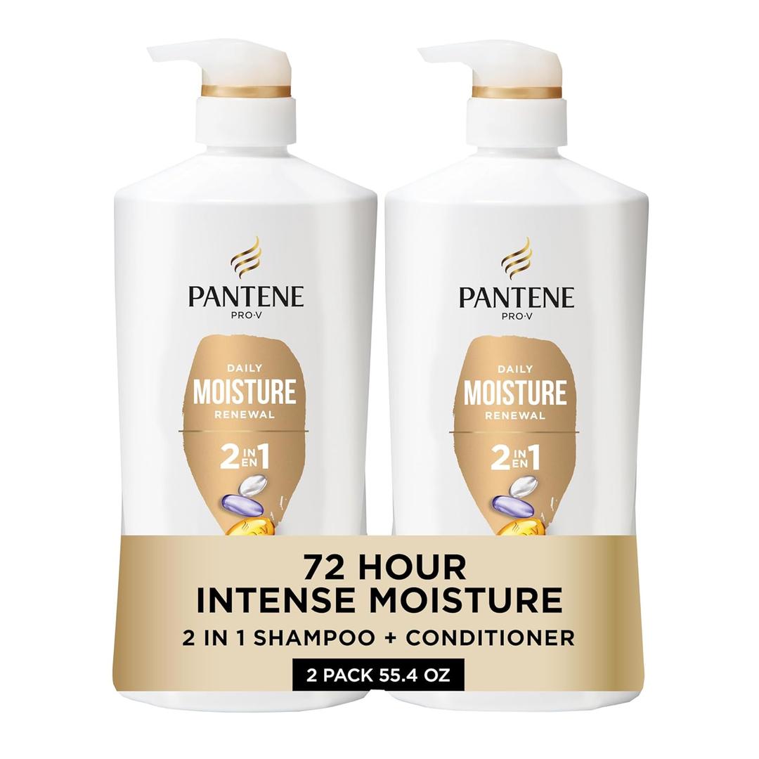 Pantene 2-in-1 Shampoo & Conditioner, Daily Moisture Renewal - Pro-V Nutrients for Dry, Color-Treated, Straight to Curly Hair, 72-Hour Hydration & Softness, 27.7 Oz Each, 2-Pack + Rescue Shot (0.5 Oz)