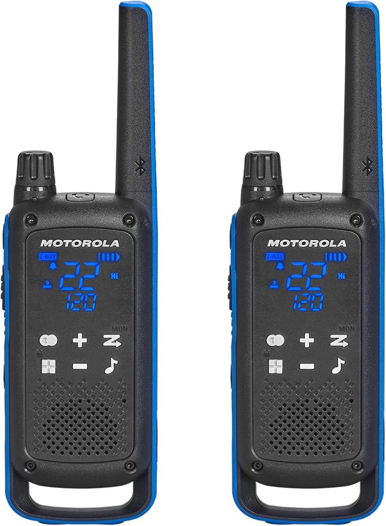 Motorola Solutions, Portable FRS, T802, Talkabout, TwoWay Radios Waterproof IP54 Walkie Talkie Emergency Preparedness, Rechargable, 22 Channel, 35 Mile, Black W/Blue, 2 Pack