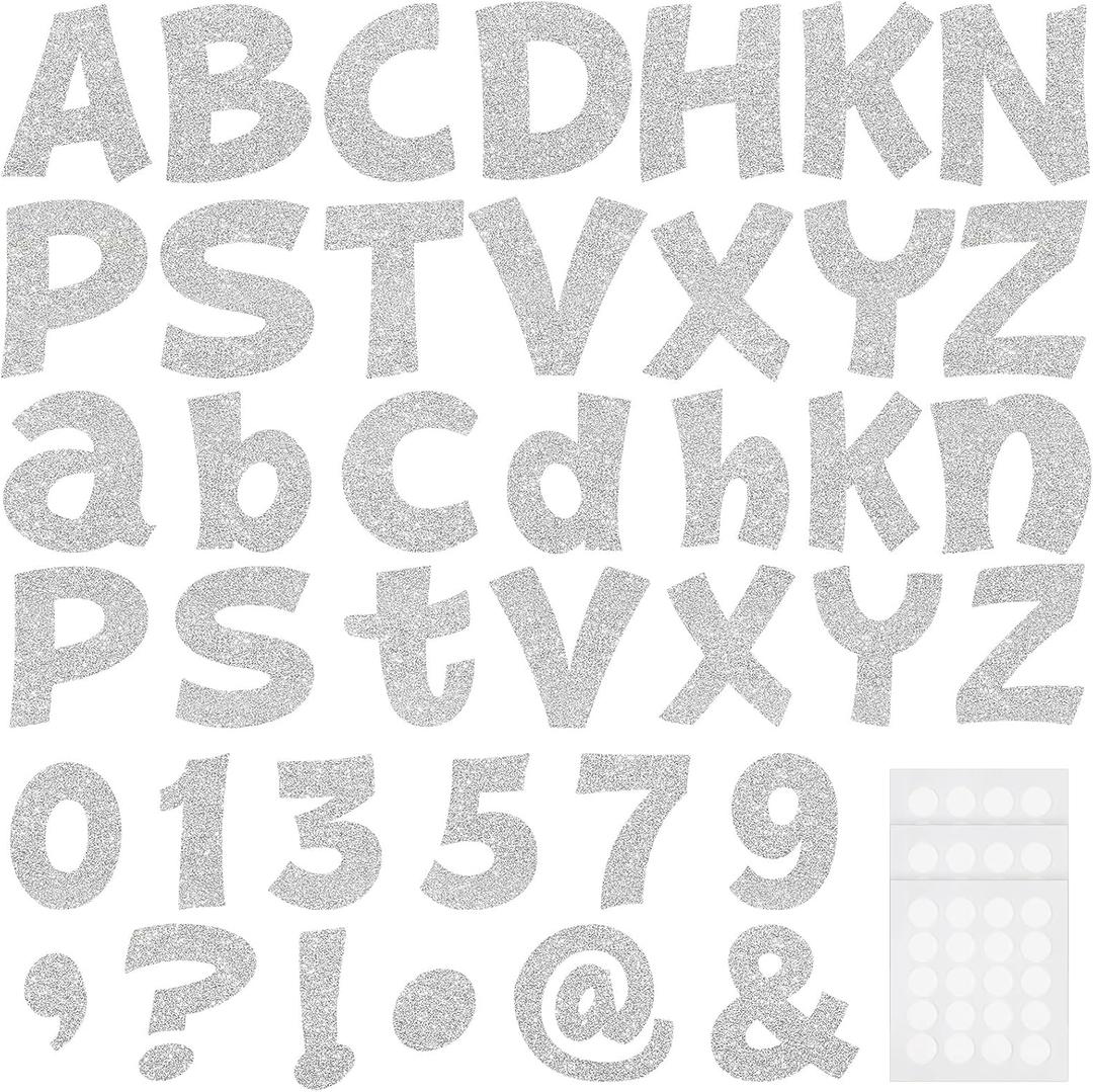 Colarr 216 Pcs Glitter Bulletin Board Letters for Classroom Numbers Alphabet 4 Inch Poster Board Letters with Adhesive Dots Punctuation Symbols Cutout Bulletin Display School Decor(Silver)