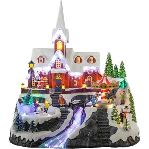 15" Christmas Village Church House - Animated Winter Scene with Turning Skaters, Rotating Carousel, Fiber Optic Lights, and Music for Christmas Home Decor Gift - Adapter Included