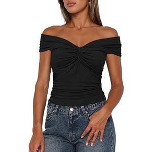Womens Tops Summer Twist Knot Front Off The Shoulder Shirt Cap Sleeves Y2K Crop Top 9058 Brick Black, Medium