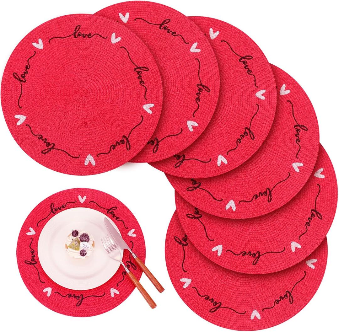 Tioncy Plastic Valentine Heart Placemats Set of 6 Round Red Love Place Mats 13.4 Inch Valentine's Day Washable Table Mats Kitchen Dinner Waterproof Placemat for Holiday Dining Table Wedding Decoration