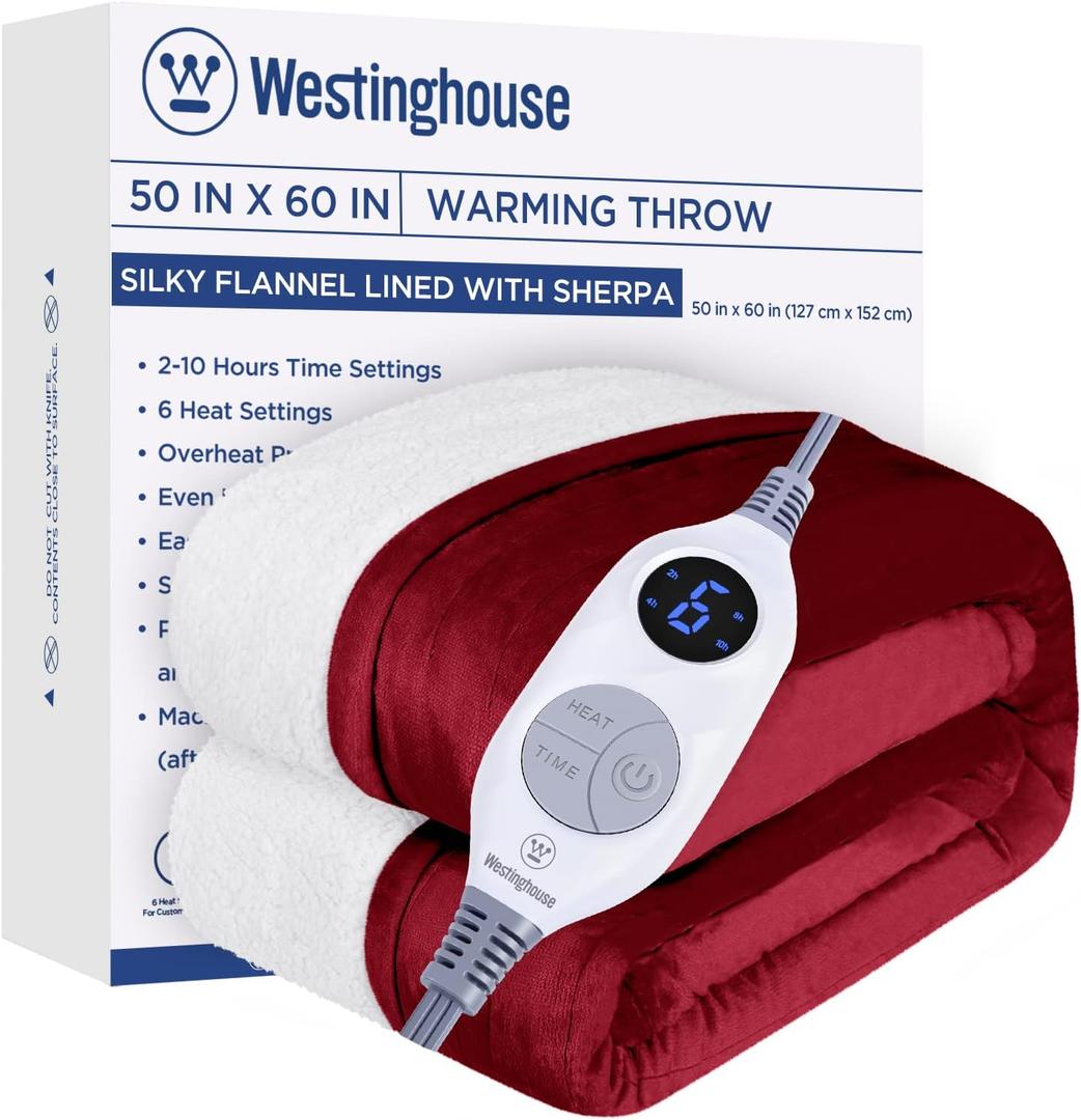 Westinghouse Heated Throw Blanket, Electric Blanket Throw with 6 Heating Levels and 2-10 Hours Time Settings, Flannel to Sherpa Super Cozy Heated Blanket Machine Washable, 50x60 inch, Red