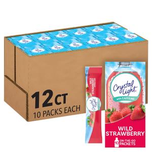 Crystal Light Wild Strawberry Artificially Flavored Powdered Drink Mix with Caffeine, 120 ct Pack, 12 Boxes of 10 On-the-Go-Packets (EXP 11/09/27)