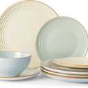 Famiware Jupiter 12-Piece Stoneware Dinnerware Set for 4, Handcrafted Plates and Bowls with Speckles & Embossed Swirls, Chip/Scratch Resistant, Microwave/Dishwasher Safe, Modern Dishes, Multi-color