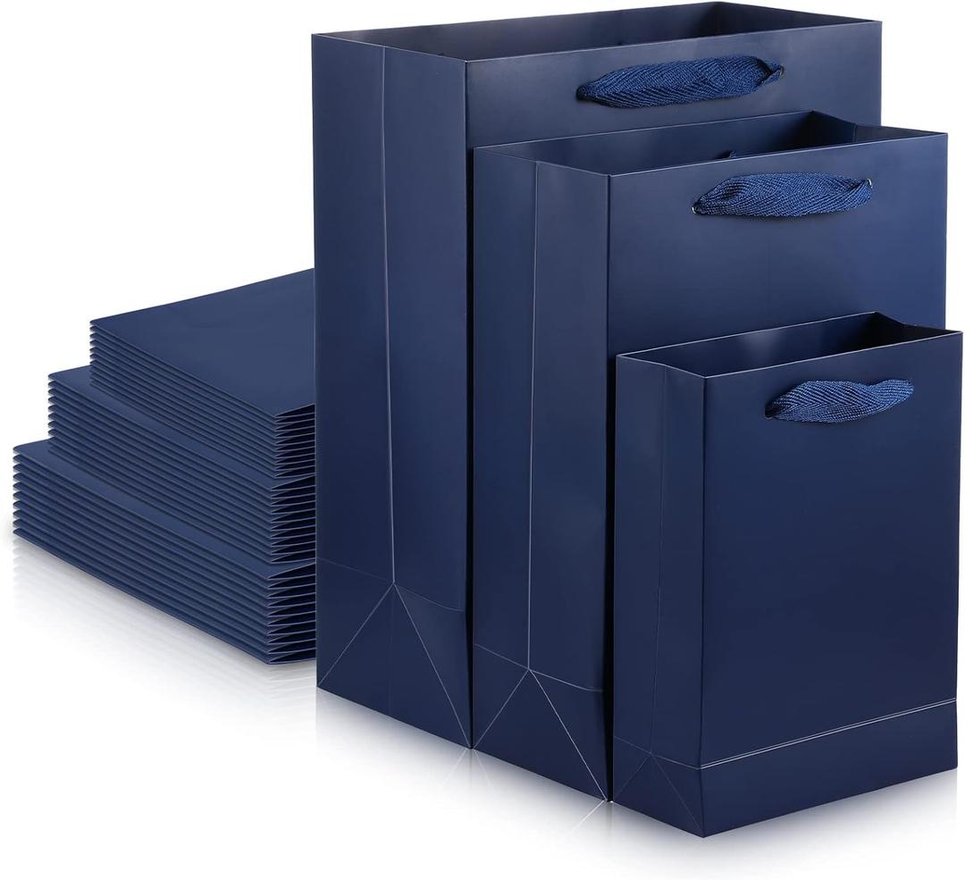 Gueevin 30 Pcs Navy Blue Gift Bags with Handles Kraft Paper Gift Bags Assorted Sizes 5.9x2.3x7.8, 7.8x3.9x11, 9.8x5.1x12.5 10 Pcs Each, Matte Wrapping for Birthday Bulk Wedding Shopping