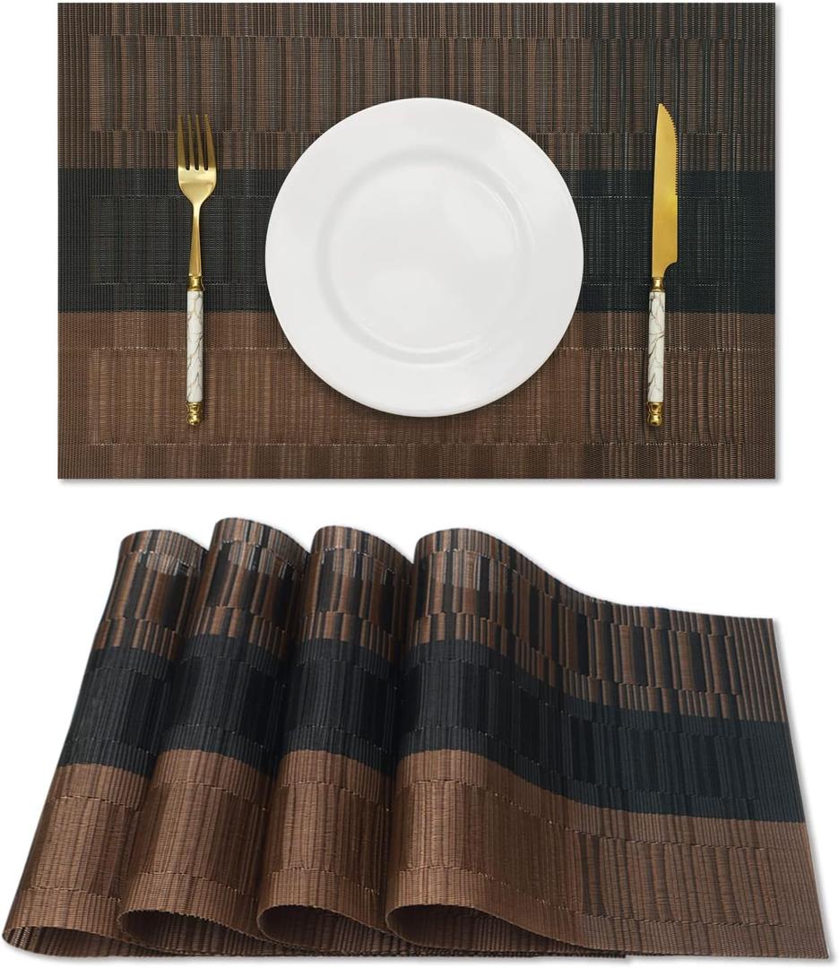 HeloHo Brown Black Placemats Set of 4 Washable Place Mats Vinyl Woven Table Mats Wipeable Placemat for Kitchen Dining Table Decoration Indoor Outdoor