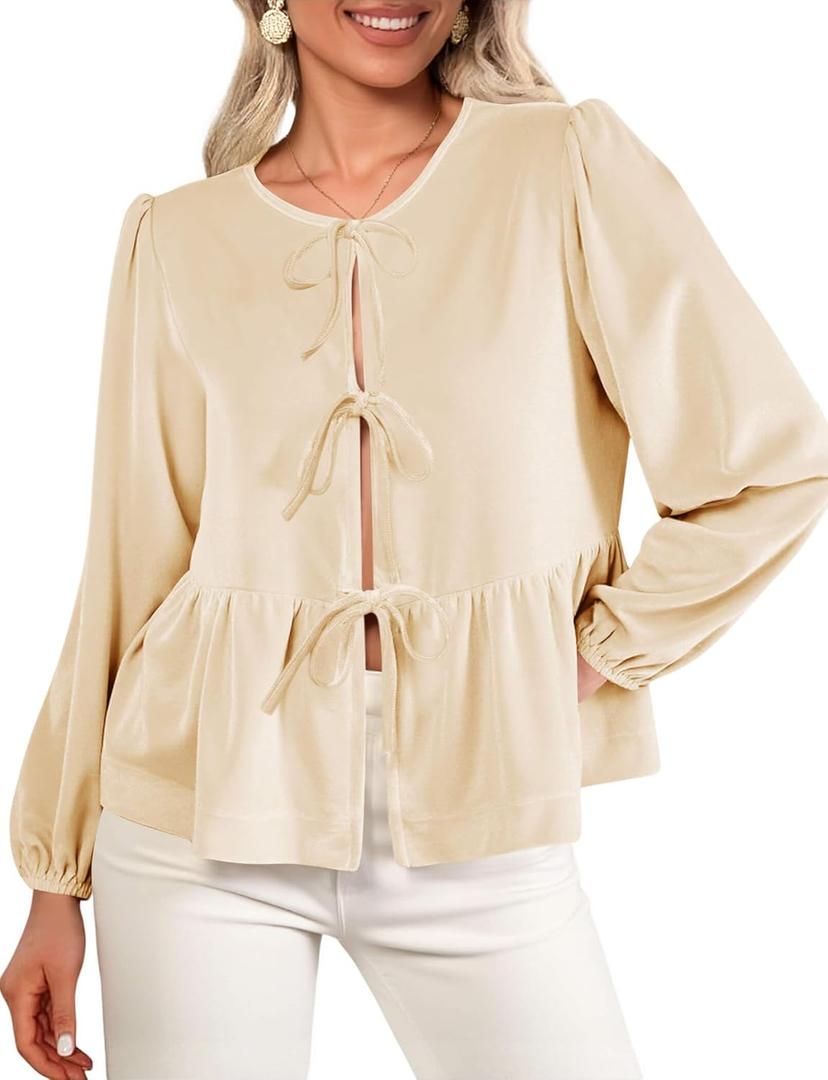 Cicy Bell Womens Cute Tie Front Peplum Velvet Tops Puff Long Sleeve Babydoll Shirts Casual Blouses 2025 Fall Outfits (Medium, Apricot)