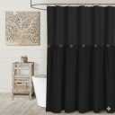 Awellife Farmhouse Black Shower Curtain Button Linen Textured Woven Fabric, Pleated Black Stripe, Country Style, 72" W x 72" L 