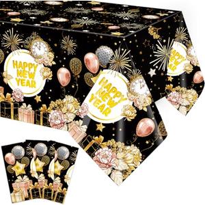 Fancy Land Happy New Year Tablecloths 3 Pack New Years Eve Party Decoration 2026 NYE Disposable Plastic Tablecloths 54 x 108 Holiday Party Table Cover Supplies