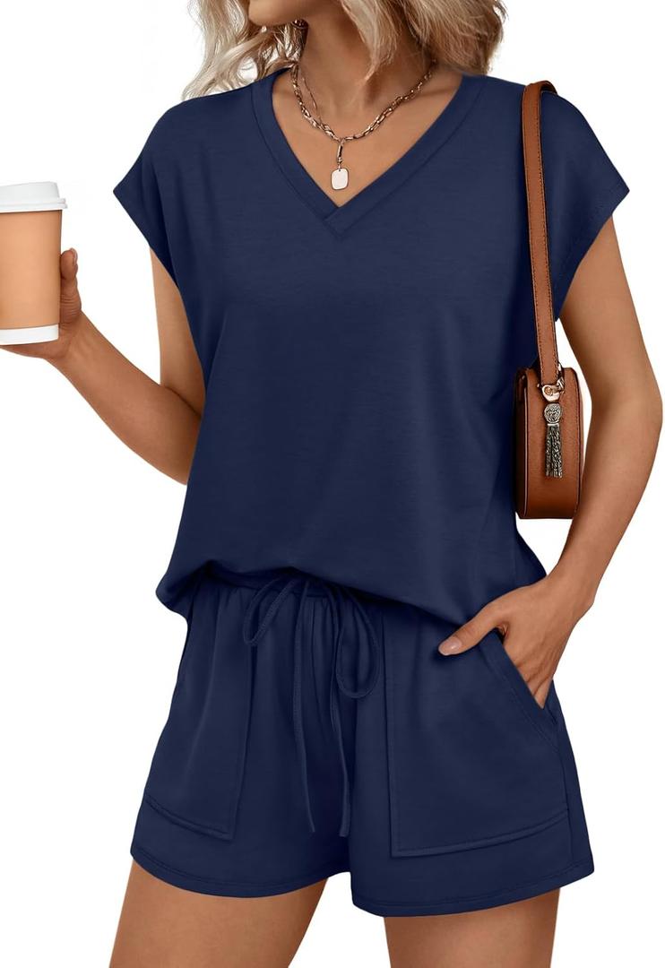 AUTOMET 2 Piece V Neck Cap Sleeve Shirt and Shorts Set Womens Matching Summer Lounge Sets (Small)