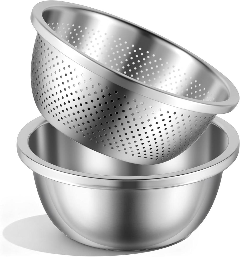 304 Stainless Steel Colander 3.5QT Microporous Colander and Large Bowl, Rice-Strainer with Salad Mixing Bowl Rice Washer Strainer Bowls for Washing Vegetables, Fruit and Rice, Dishwasher Safe(2PCS)
