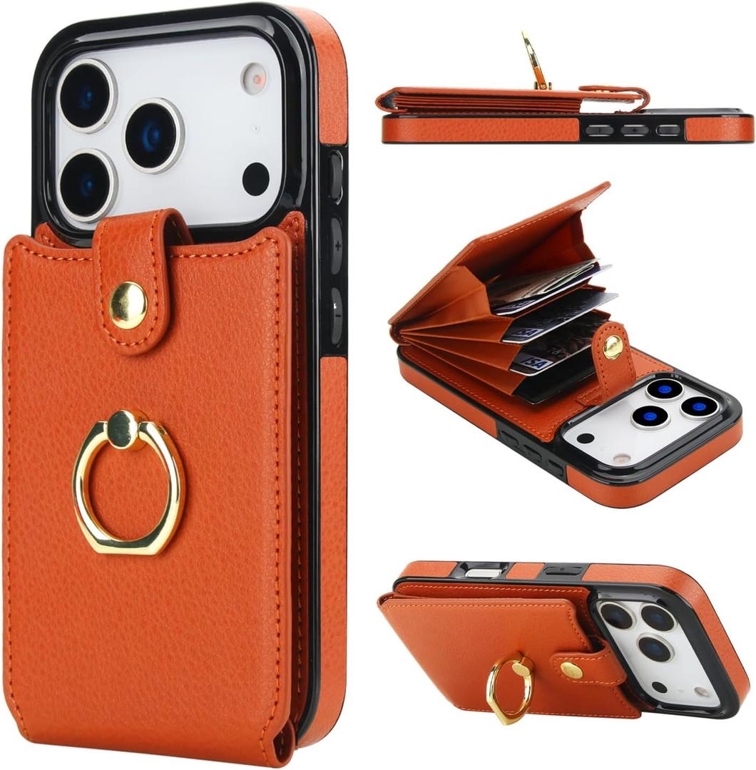 Folosu Compatible with iPhone 17 Pro Case Wallet with Card Holder, 360Rotation Finger Ring Holder Kickstand, RFID Blocking Leather Protective Double Buttons Shockproof Cover 6.3 Inch Brown