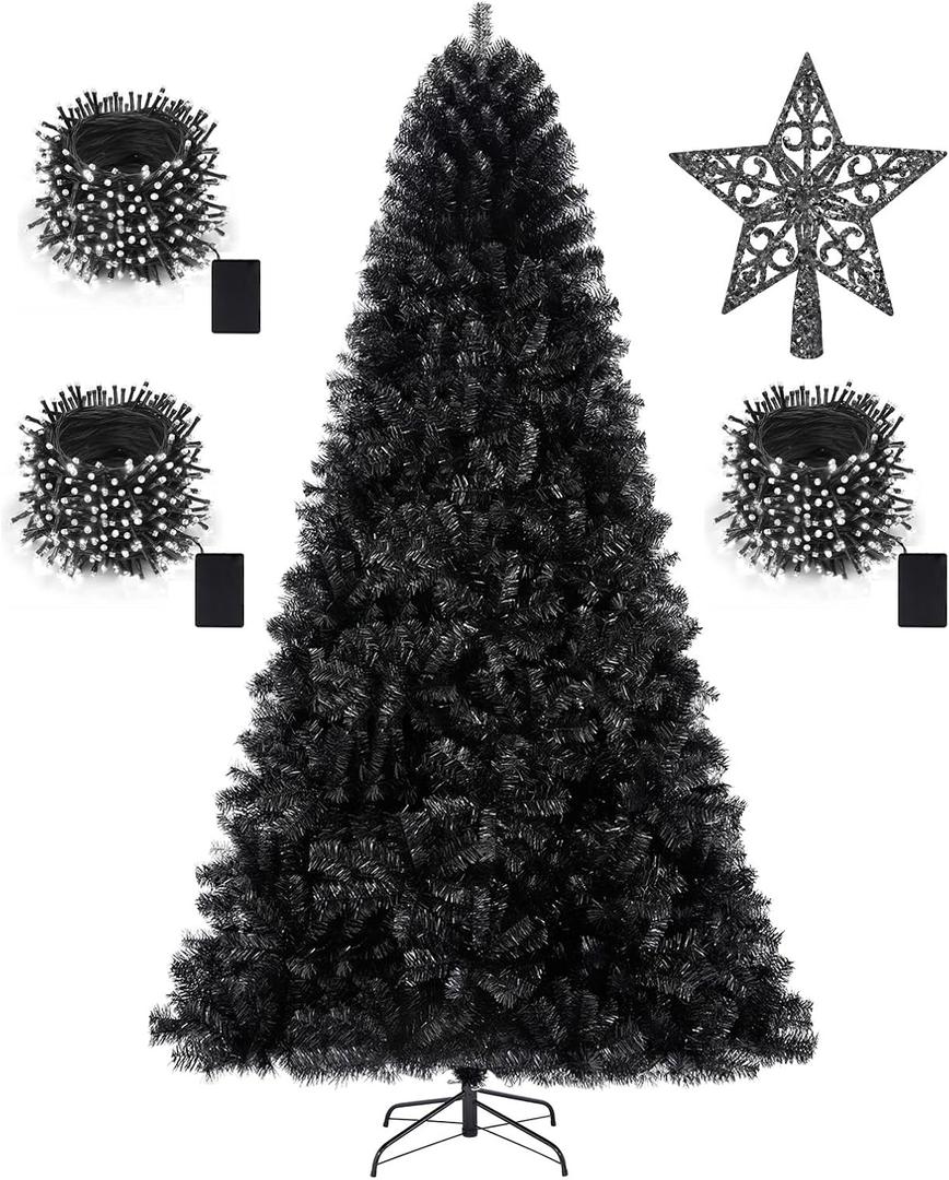 KTKDE 7.5ft Black Christmas Tree Artificial Halloween Tree Decorations with 1,450 Tips-1pcs Treetop Star 3 Set 300 Led String Lights, Pencil Christmas Tree Indoor Holiday Party Decorations