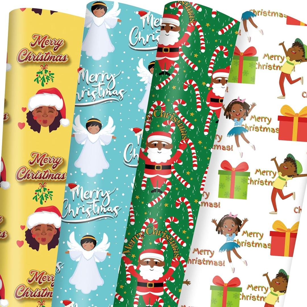 Dtiafu African American Christmas Wrapping Paper Black Santa Gift Wrap Paper Bulk Cute Xmas Designs for Black People Holiday Birthday - 20 x 28 Inch Per Sheet (8 Sheet)
