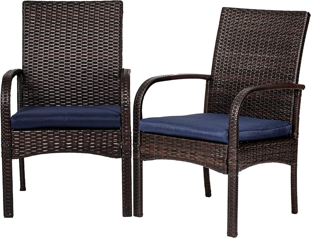Outdoor Wicker Dining Chairs, Patio Rattan Dining Chairs, Restaurant Chair with Removable Cushions, Firepit Armchair w/Armrests Set of 2