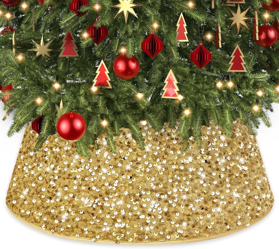 Gold Christmas Tree Collar 28.3Inch Large Tree Collars Glittery Sequin Tree Skirt for Christmas Decorations Foldable Christmas Tree Rings Round Xmas Tree Base Cover for Holiday Home Party Decor