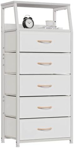 Furnulem White Dresser with 5 Drawers, Vertical Storage Tower Fabric Dresser for Bedroom, Hallway, Entryway, Nursery, Closet Organizer, Nightstand Bedside Table Furniture, Sturdy Steel Frame, Wood Top