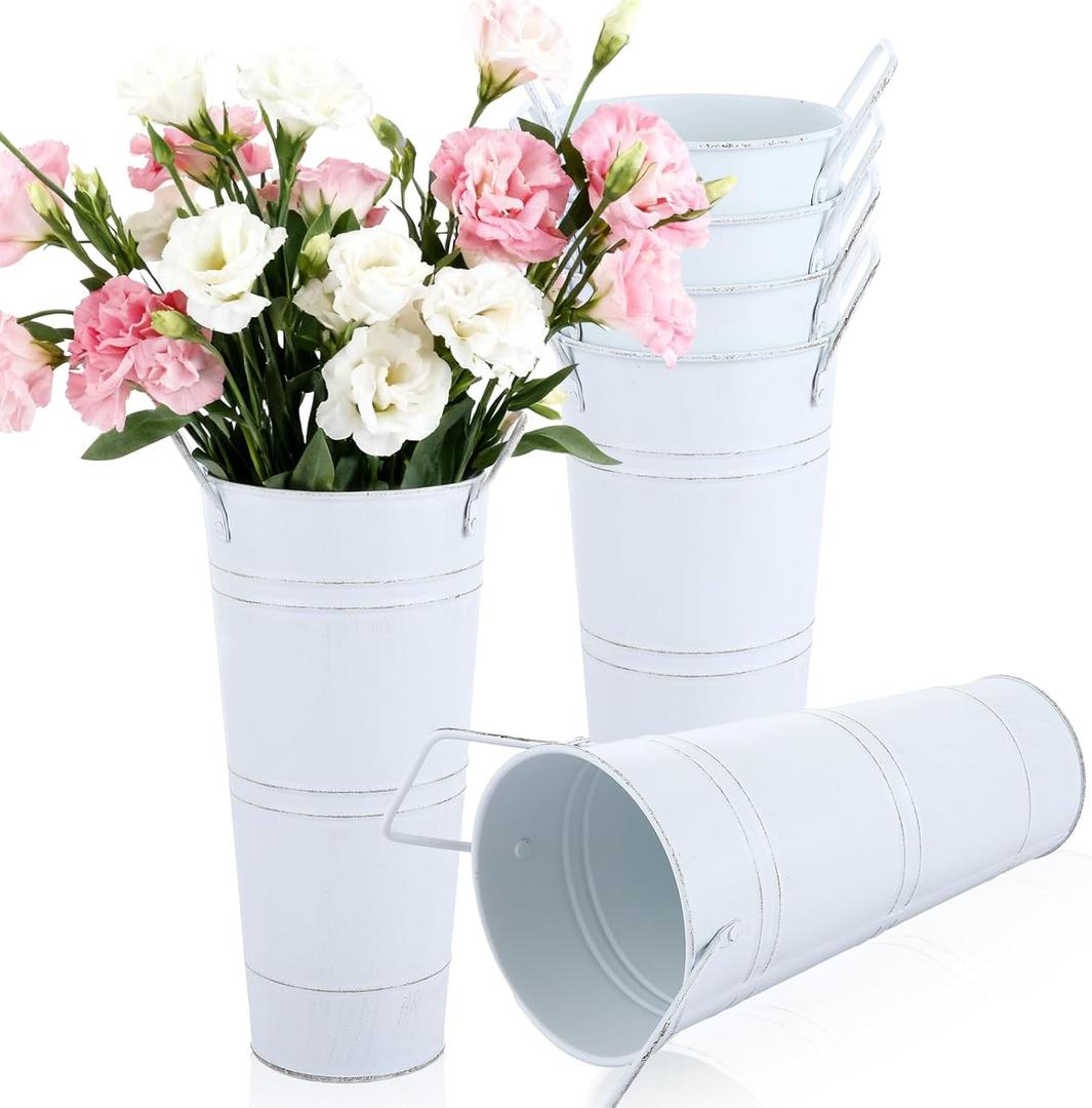 MIVIDE 6 Pack 9 Inch Galvanized Flower Bar Buckets, Flower Buckets for Flower Bar, Metal Flower Bucket Decoration and Metal Vase with Handles for Wedding, Balcony Garden, Home Decor(White)