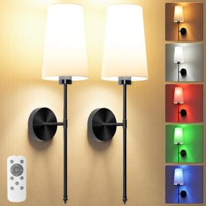 Wall Lights Battery Operated Wall Sconces Set of 2,Gold Wireless Wall Sconces with Remote,9 Colors Modes Rechargeable Wall lamp for Bedroom Living Room (Black, 27 inch)