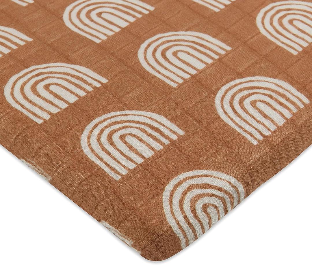 Babyletto Muslin Baby Bassinet Sheets for Girls & Boys - GOTS Certified Breathable Organic Cotton Cover, 360 Fitted, Soft & Cozy Rectangle Bedside Bassinet Sheets - Terracota Rainbow