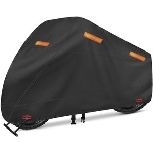 Motorcycle Cover, Heavy Duty 600D Oxford, Waterproof Outdoor, Weather Resistant, Rip-Proof, Anti-UV with 5 Reflective Strips, 2 Lock-Holes, 1 Windproof Strap, 1 Storage Bag (97.5" x 41" x 50") (Black)