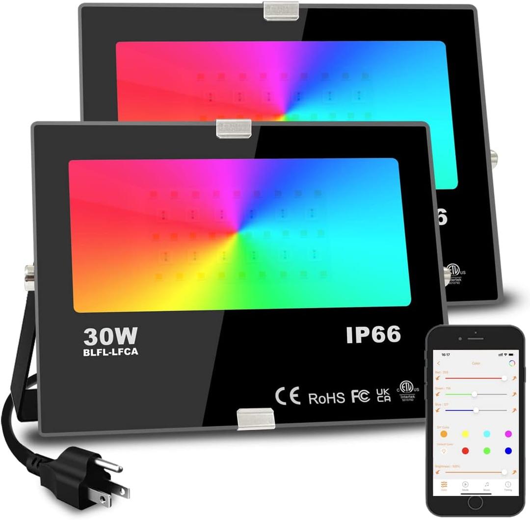 Led Flood Light 30W, 300W Equivalent 3000 LM Outdoor Color Changing Led Stage Landscape Lights, Bluetooth RGBW Smart Floodlights 2700K & 16 Million Colors&Timing& Music Sync, IP66US 3-Plug (2 Pack)