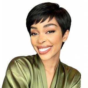 B-fashion Pixie Cut Wig Human Hair Short Black Wig Layered Wavy None Lace Front Glueless Wear and Go with Bangs Natural Black Straight Full Machine Made Wigs for Daily Use 1B