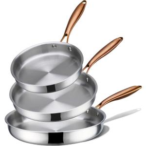CAROTE 3-Piece Tri-Ply Stainless Steel Frying Pan Set, Skillet Set 8"/10"/12", Induction Compatible, Oven & Dishwasher Safe, Gold Handle, Mothers Day Gifts