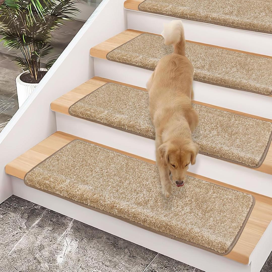 Bullnose Carpet Stair Treads 30"x9.5",14 Pcs Non-Slip Peel and Stick for Wooden Steps Indoor with Edge Protection, Pet and Kid Friendly, Stair Runner Rugs (Beige)