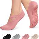 BLONGW Pilates Socks for Women, Cute Non Slip Grip Socks for Yoga, Barre, Hospital, Barefoot Dance Ballet Socks with Soft Cotton Cushion, 4 Pairs Comfortable, Durable Cross Straps, Size: Small-Medium