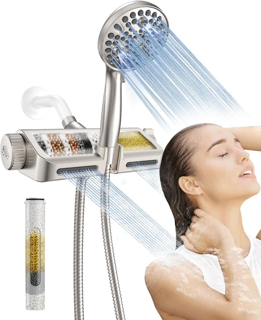 MakeFit Filtered Shower Head with Handheld Combo Brushed Nickel - Dual 2-in-1 Spa System with Massage Shower Head and 10 Modes Hand Held Showerhead, High Pressure, Buit in Power Wash Mode