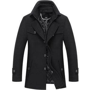 INVACHI Men's Wool Blend Coat Warm Winter Trench Coat with Detachable Soft Scarf Single Breasted Pea Coat L 02 Black