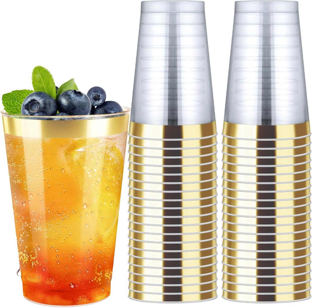 Byvivace 12oz Clear Plastic Cups with Gold Rimmed Sturdy & Food Safe Disposable Wine Glasses Wedding Cups Party Cups Plastic Cocktail Glasses for Wine, Juice, Cocktails and Cold Beverages [100 Pack]