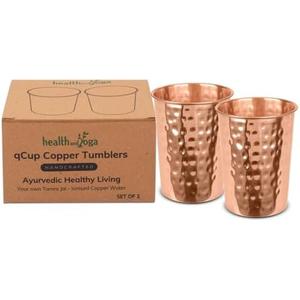 HealthAndYoga™ qCup Pure Copper Tumblers for Drinking - Ayurvedic Health Pure Copper Cups – 2 pcs. set - 250 ml.(8 fl oz) (Hammered)