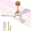 42 Inch White and Gold Ceiling Fans with Lights and Remote, 3 Solid Wood Blades, 6 Speeds, Quiet DC Motor, Dimmable LED, Modern Gold Ceiling Fan for Indoor Bedroom,Living Room,Patio