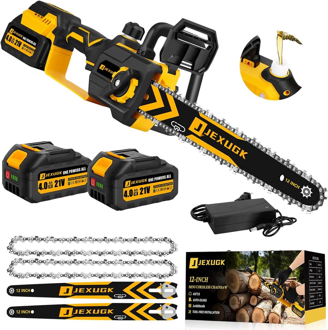 JEXUGK 12" Brushless Chainsaw, 21V Cordless Chainsaw with 2 x 4.0Ah Battery, Electric Motosierra De Gasolina with 2 x Chains & Guide Plate, Elctrica Rechargeable Saw for Wood Cutting Trimming Branch