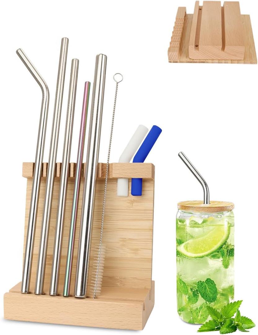 Straw Drying Rack, Drinking Straw Holder, Foldable Bamboo Straw Holder, Space Saving Wooden Straw Holder for Reusable Juice Coffee Drinks Straw Stirrer
