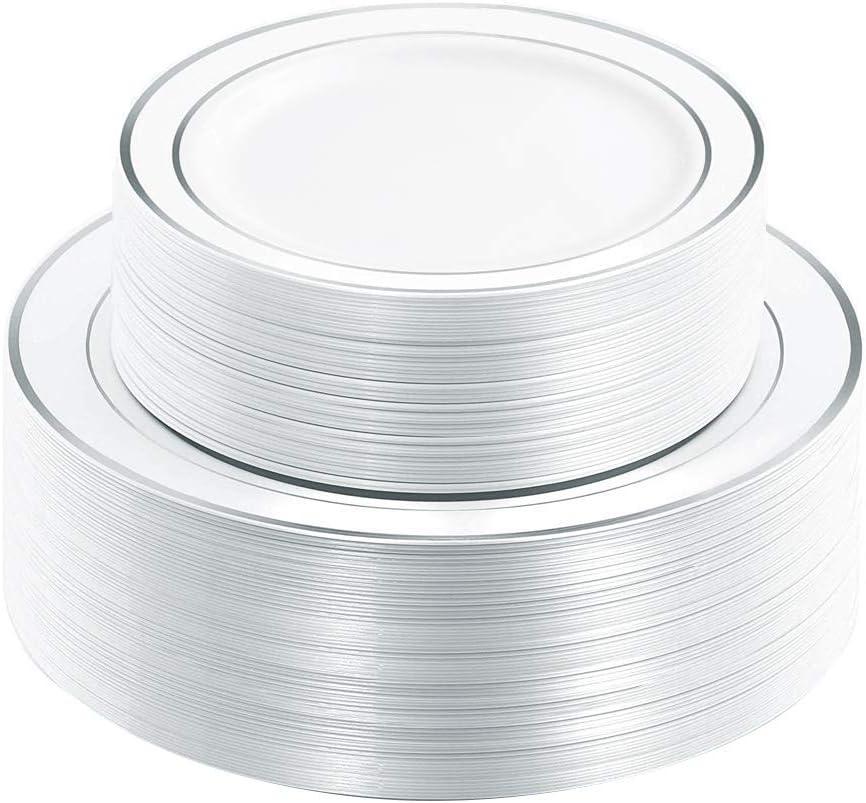 I00000 102pcs Silver Plastic Plates, Disposable Plastic Party Plates with White Silver Rim Fancy Wedding Party Plates Include 51 Dinner Plates 10.25" and 51 Dessert Appetizer Plates 7.5"